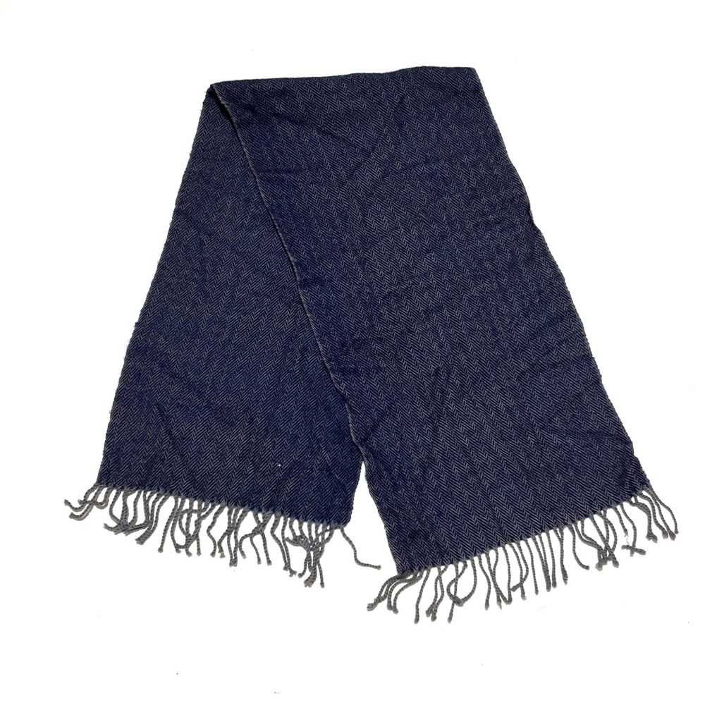 John Weitz Wool Scarf Mens OS Navy Blue NEW Herringbone Muffler‎ Fringe 4310